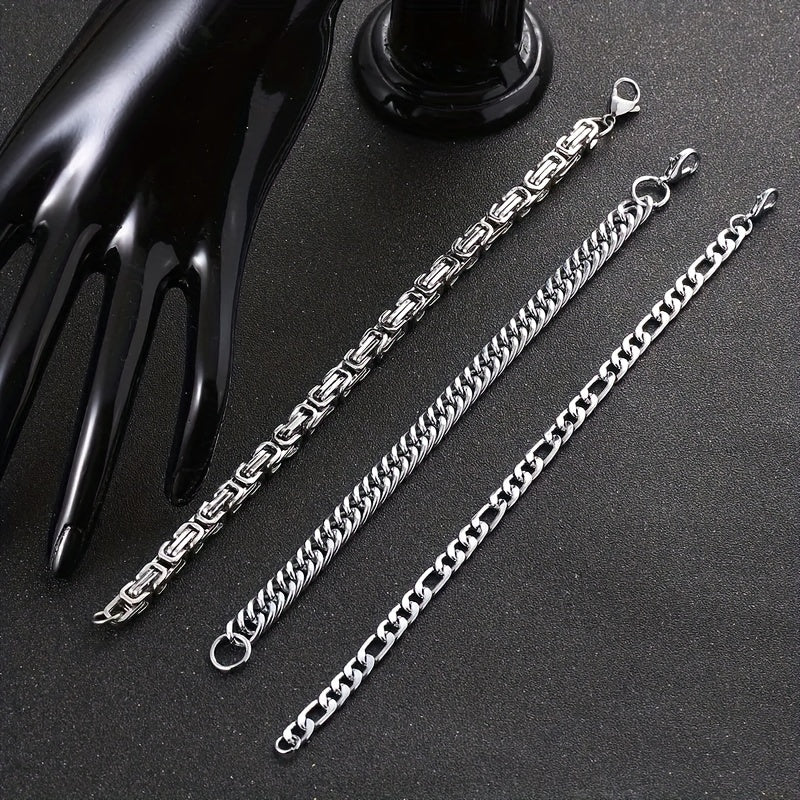 3pcs Silvery Stainless Steel Minimalist Cuban Chain Bracelet Set