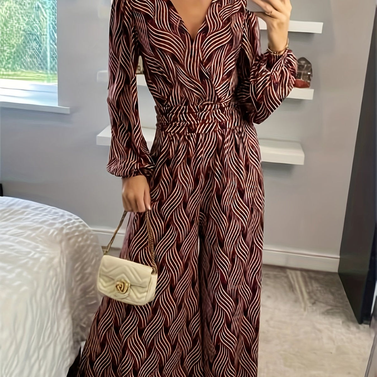  Stripe Print Lantern Sleeve V Neck Jumpsuit