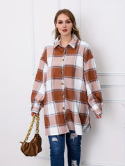  Plaid Print Button Up Long Sleeve Tunic Shirt Top