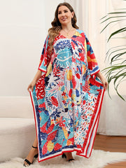 Boho Cover Up Women's Plus Tribal Print Bat Sleeve V Neck