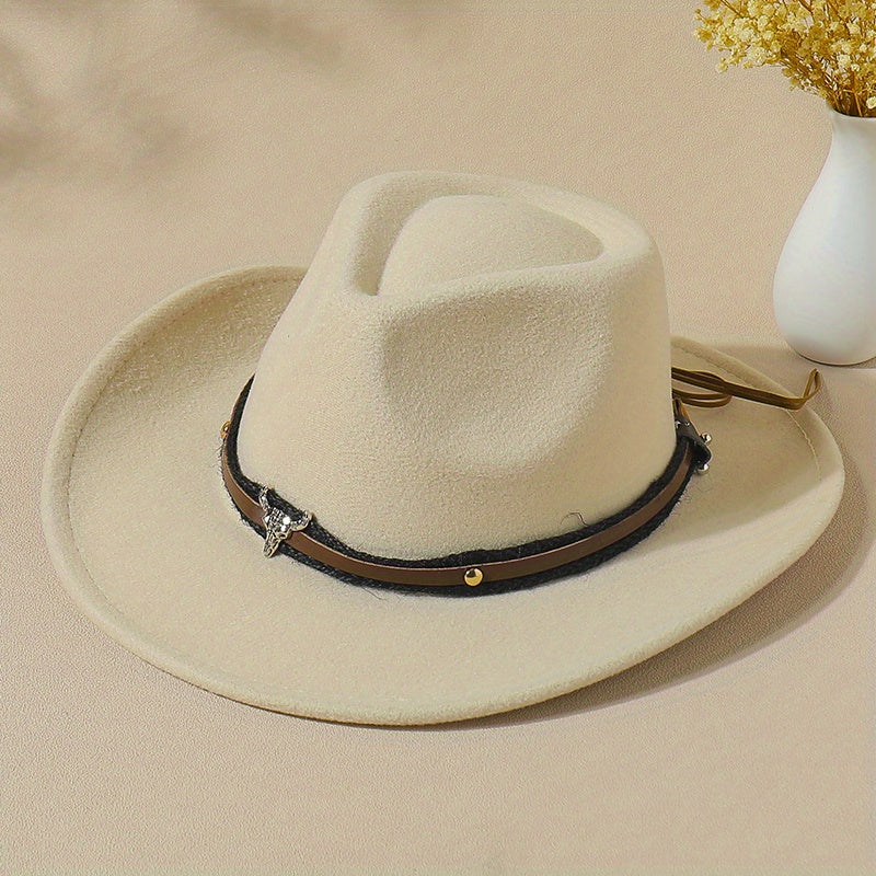 Vintage Jazz Fedora Cap Bull Head Cowboy Hat Solid Felt Casual Sun Hat