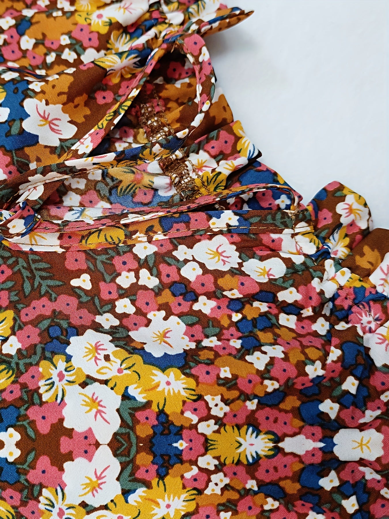  Ditsy Print Long Sleeve V Neck Top