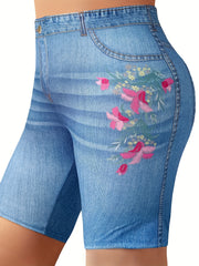  Denim & Floral Print High Rise Skinny Shorts