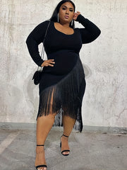  Solid Long Sleeve Fringe Trim Casual Dress