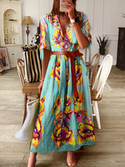 Floral Print Knot Short Sleeve V Neck Dress