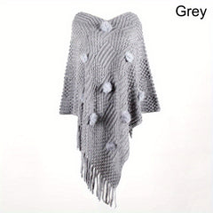Rabbit Fur Ball Knit Shawl Cashmere Fringed Wrap for Winter