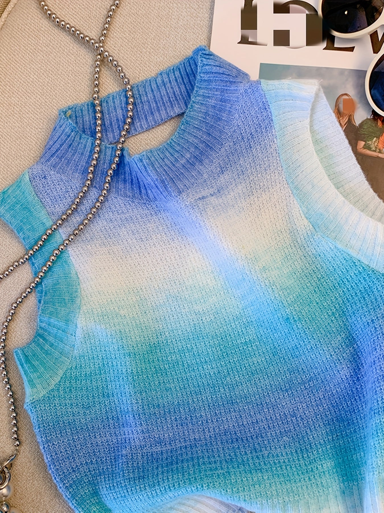 Tie Dye Backless Sweater Vest Sexy Crew Neck Sleeveless Vest