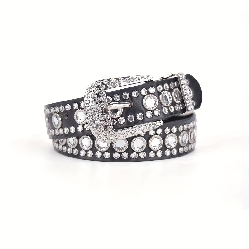 Eyelet Hollow Out Rivet Belt Rhinestone Inlaid Hip Hop PU Leather Punk Y2K Belt