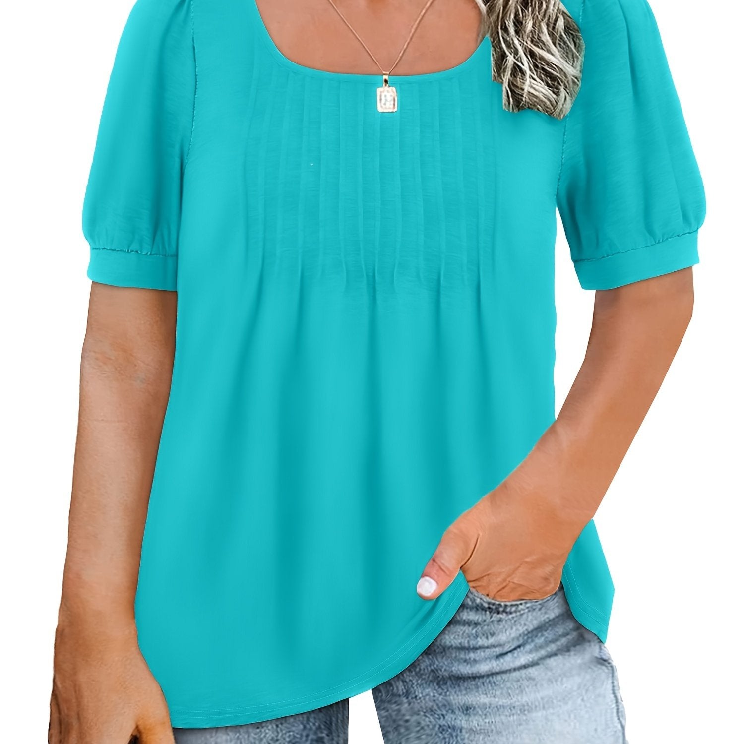  Casual Top Women's Plus Solid Seam Detail Short Sleeve