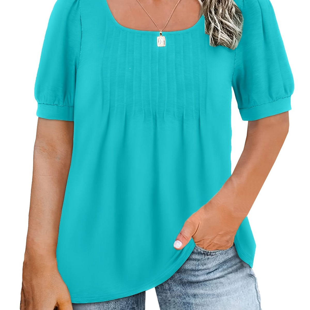  Casual Top Women's Plus Solid Seam Detail Short Sleeve
