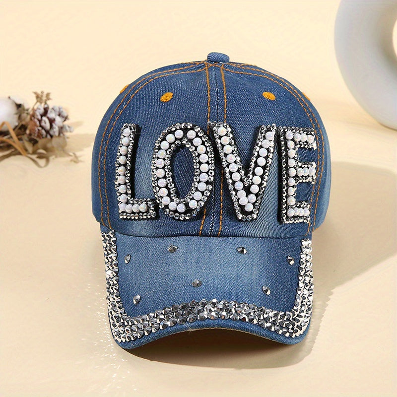 Denim Baseball Cap Faux Pearl Rhinestone Decor LOVE Distressed Sun Hat