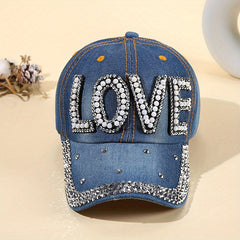 Denim Baseball Cap Faux Pearl Rhinestone Decor LOVE Distressed Sun Hat