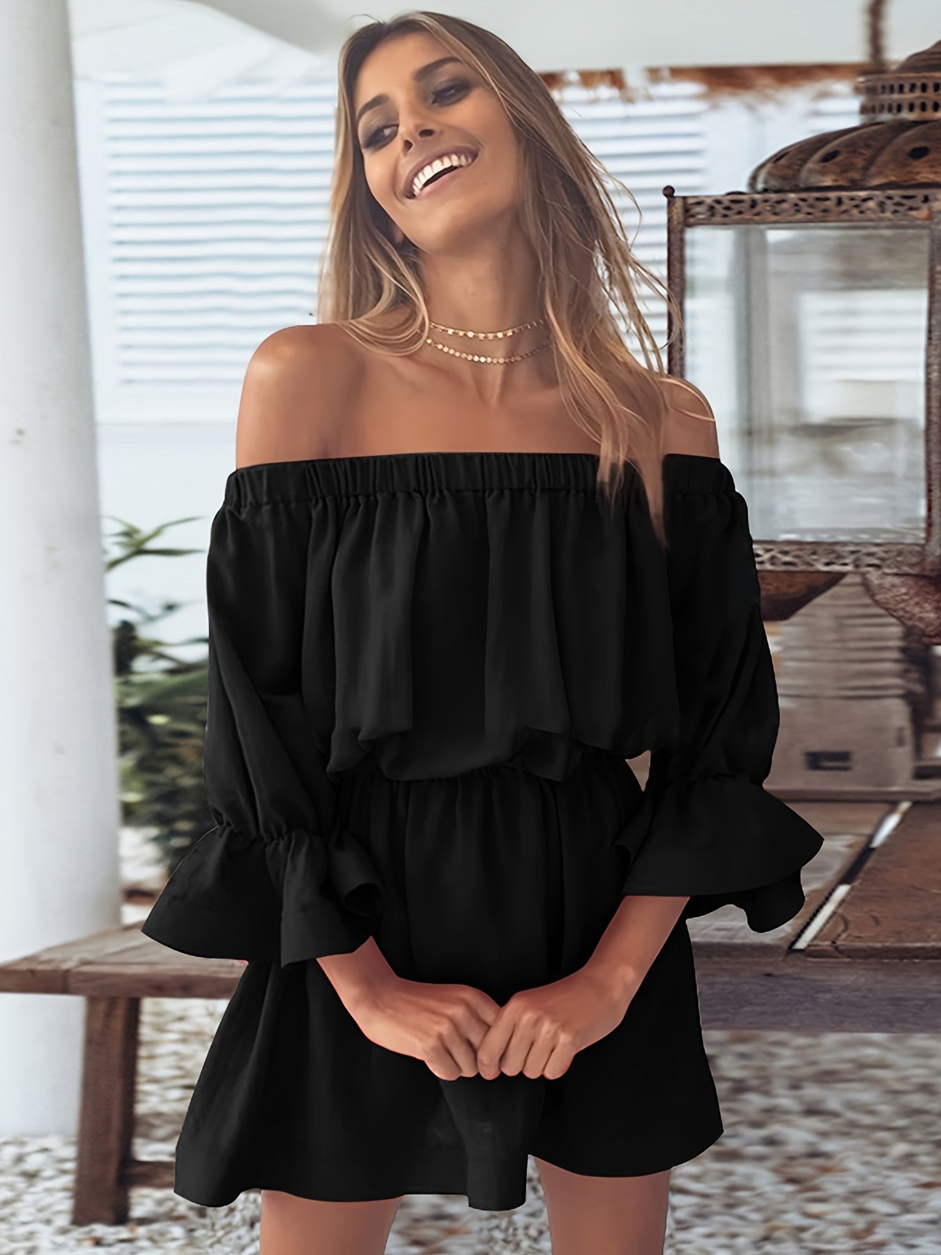 Off Shoulder Lantern Sleeve Dress Casual Summer Pleated Mini Dress