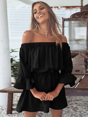 Off Shoulder Lantern Sleeve Dress Casual Summer Pleated Mini Dress