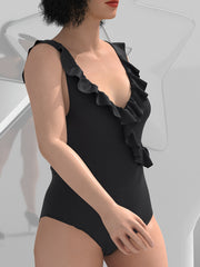  Solid V Neck Ruffle Trim One Piece Bathing Suit