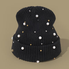 Faux Pearl Beanie Hat Classic Winter Warm Knitted Hat For Women
