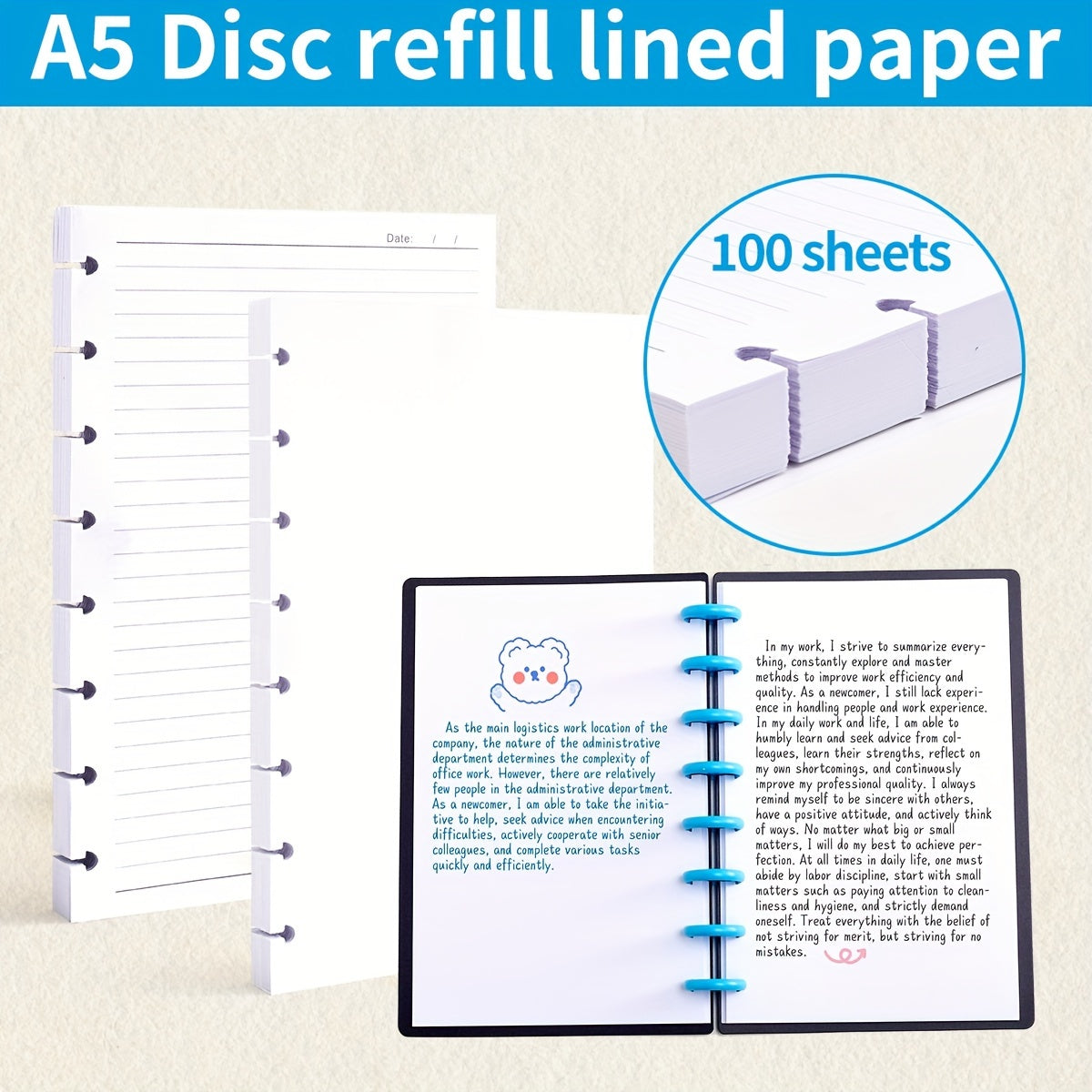 A5 Mushroom Hole Loose leaf Paper Refill 100 Sheets 200 Pages