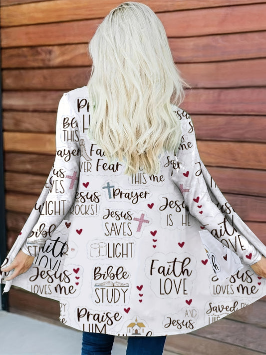  Casual Cardigan Letter & Cross Print Long Sleeve Open Front