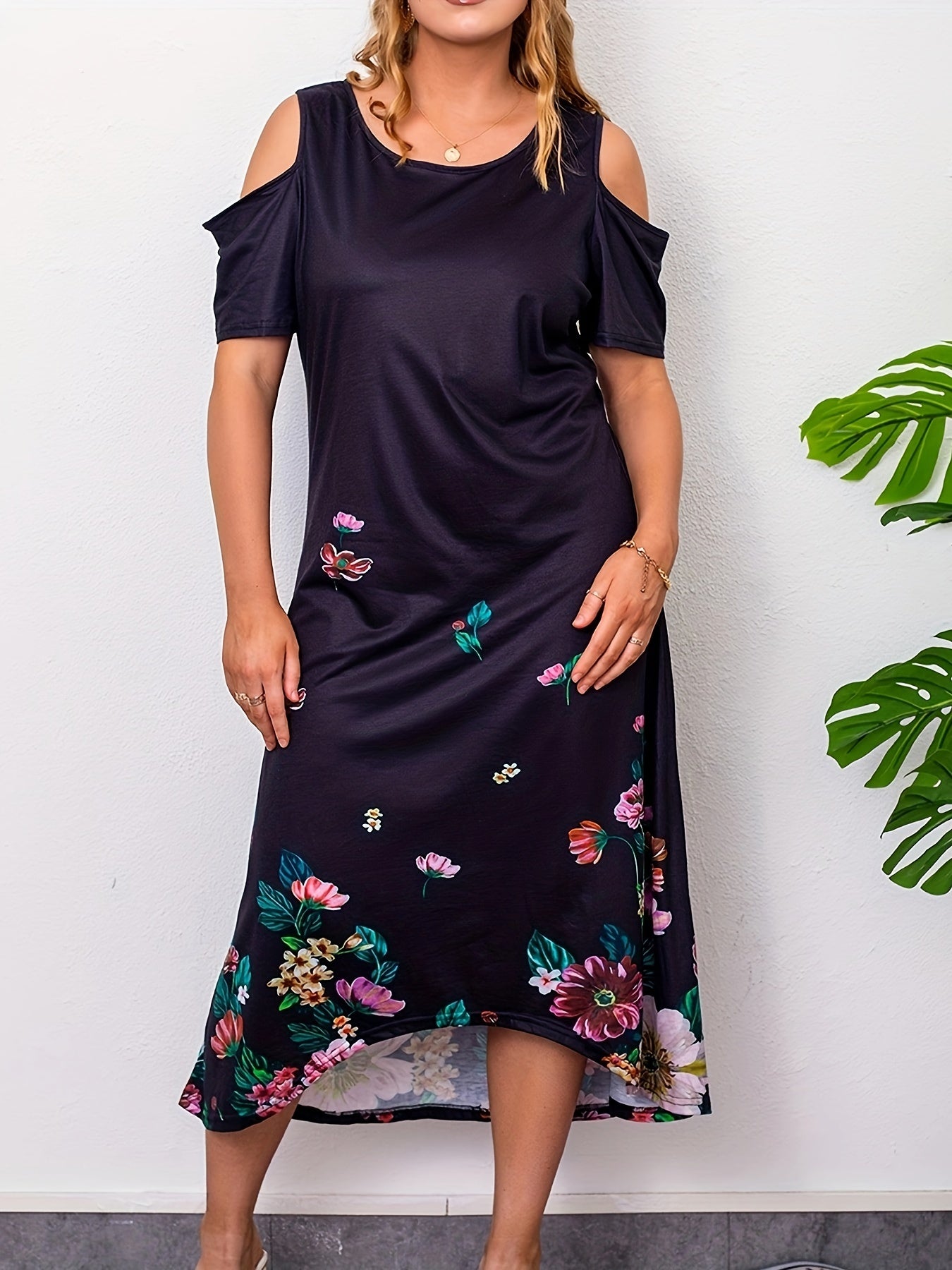  Casual Dress Women's Plus Border Floral Print Cold Shoulder