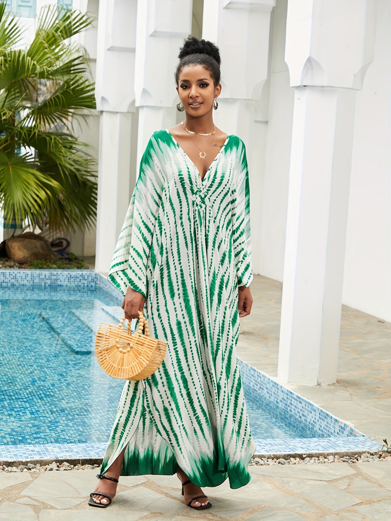  Boho Kaftan Dress Tie Dye Striped Print V Neck Maxi Beach Dress