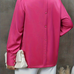  Solid Long Sleeve Round Neck Button Decor Blouse
