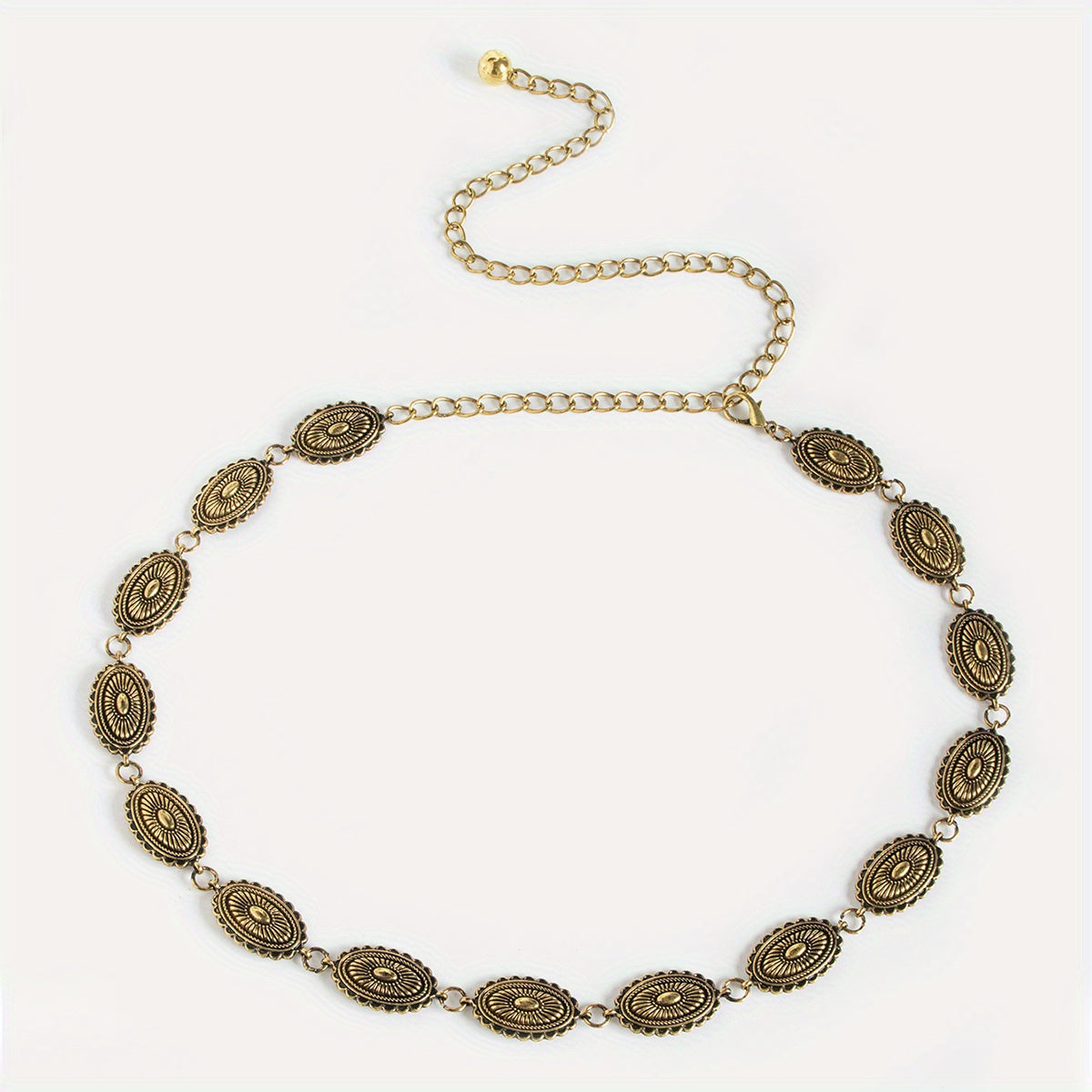 Vintage Engraved Metal Waist Chain Beaded Pendant Skinny Waist Belt