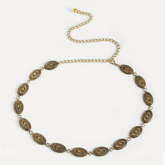 Vintage Engraved Metal Waist Chain Beaded Pendant Skinny Waist Belt