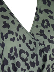  Leopard Print Long Sleeve Surplice Neck Dress With Belt