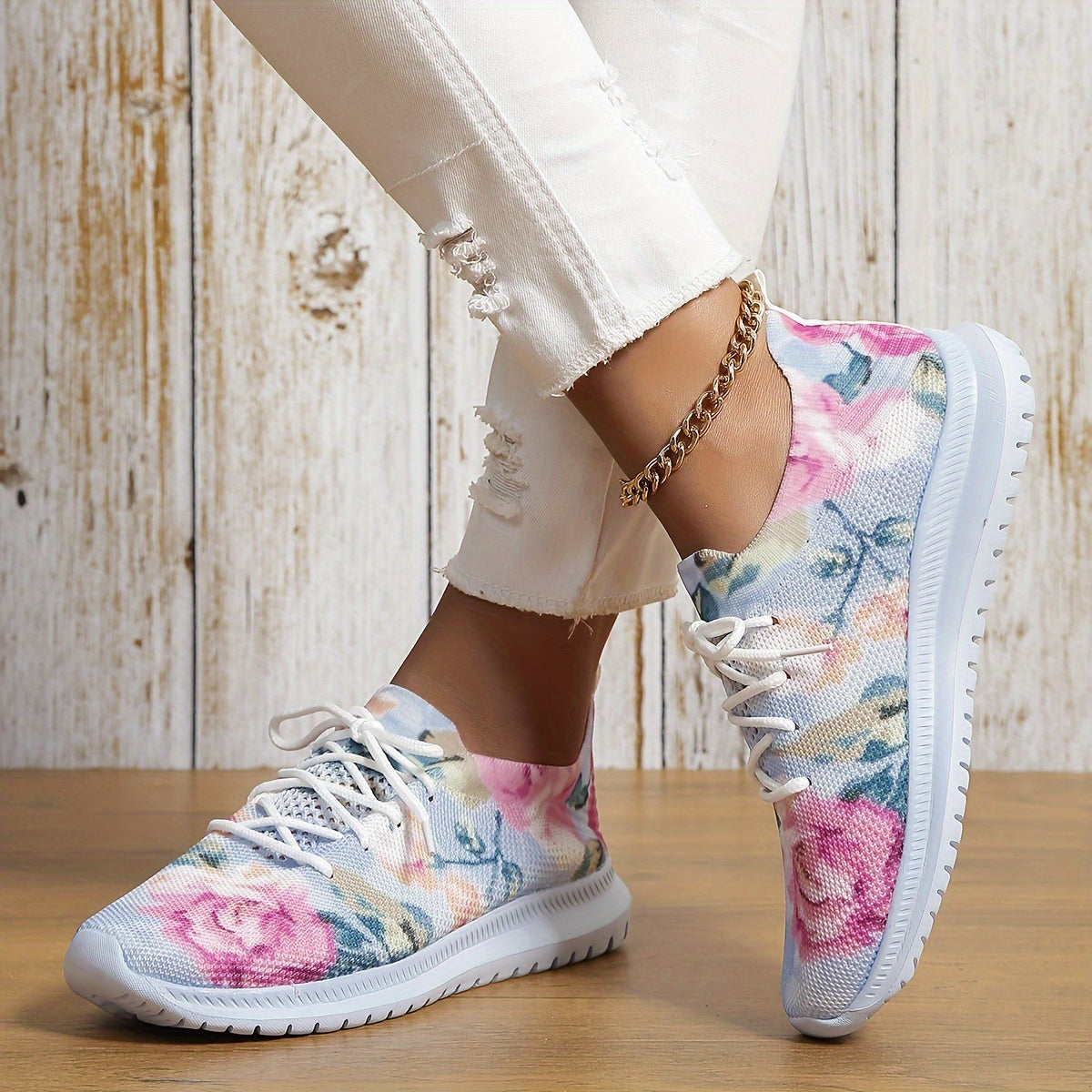 Flower Print Mesh Lightweight Running Shoes Breathable Non Slip Outdoor Sneakers