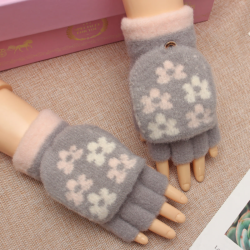Women's Flower Fleece Half Finger Flap Warm Gloves Winter Mittens