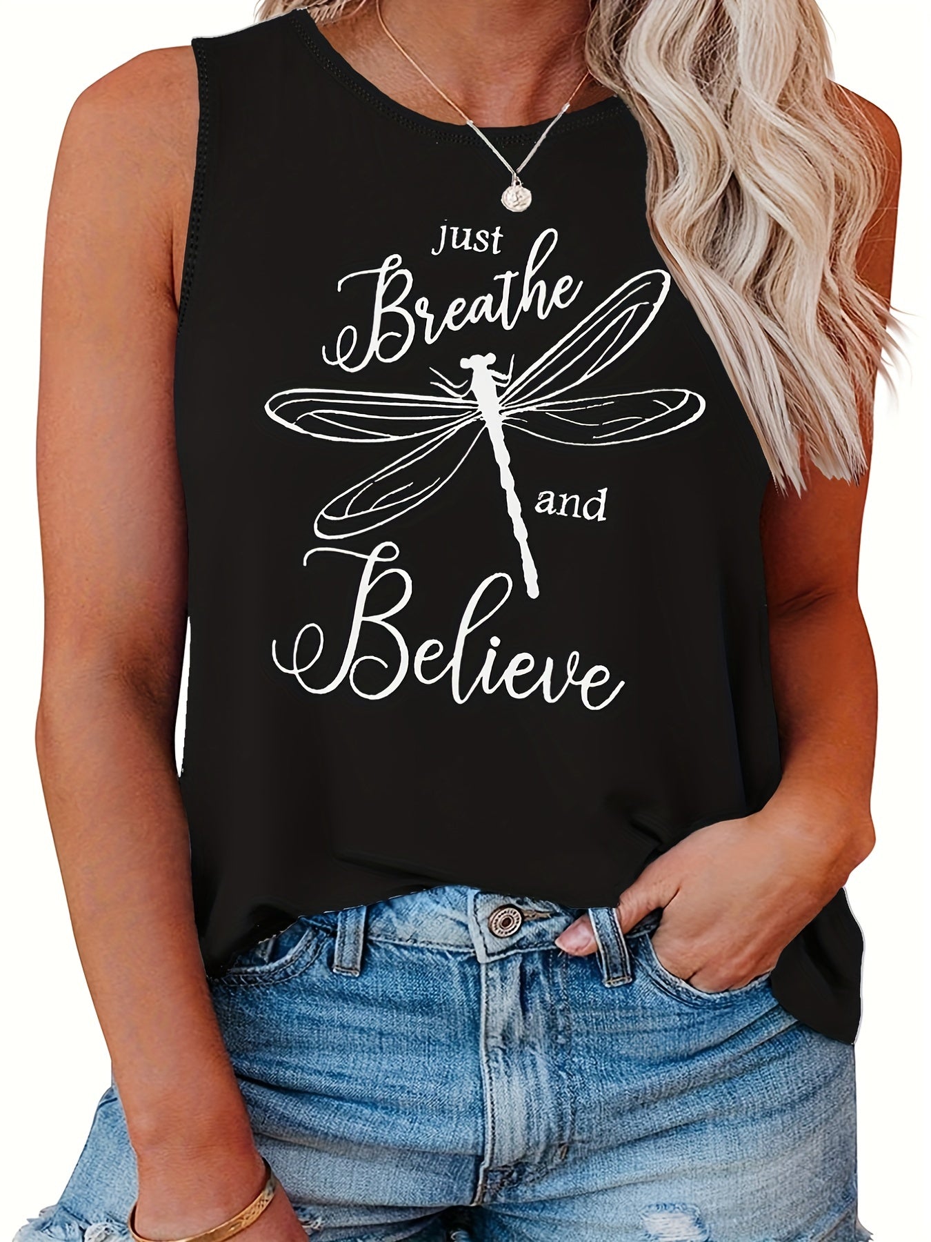 Women's Plus Dragonfly Print Tank Top Sleeveless Casual Shirt