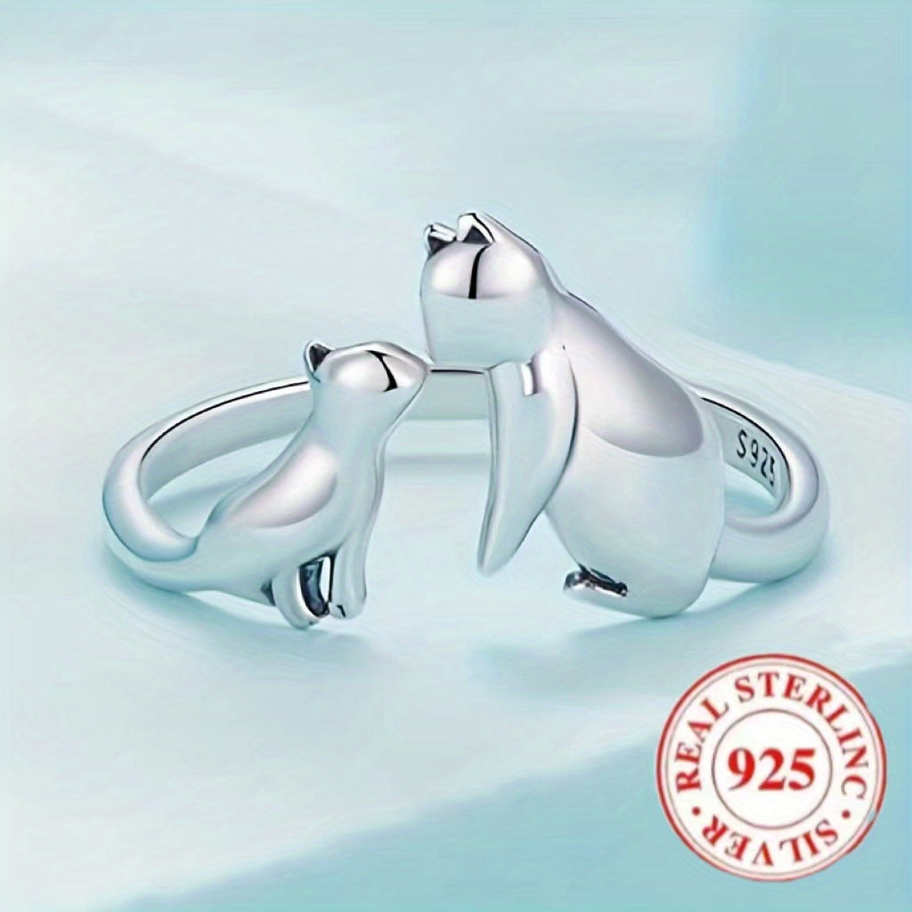 925 Silver Cats Cuff Ring Adjustable Open Kids Accessories