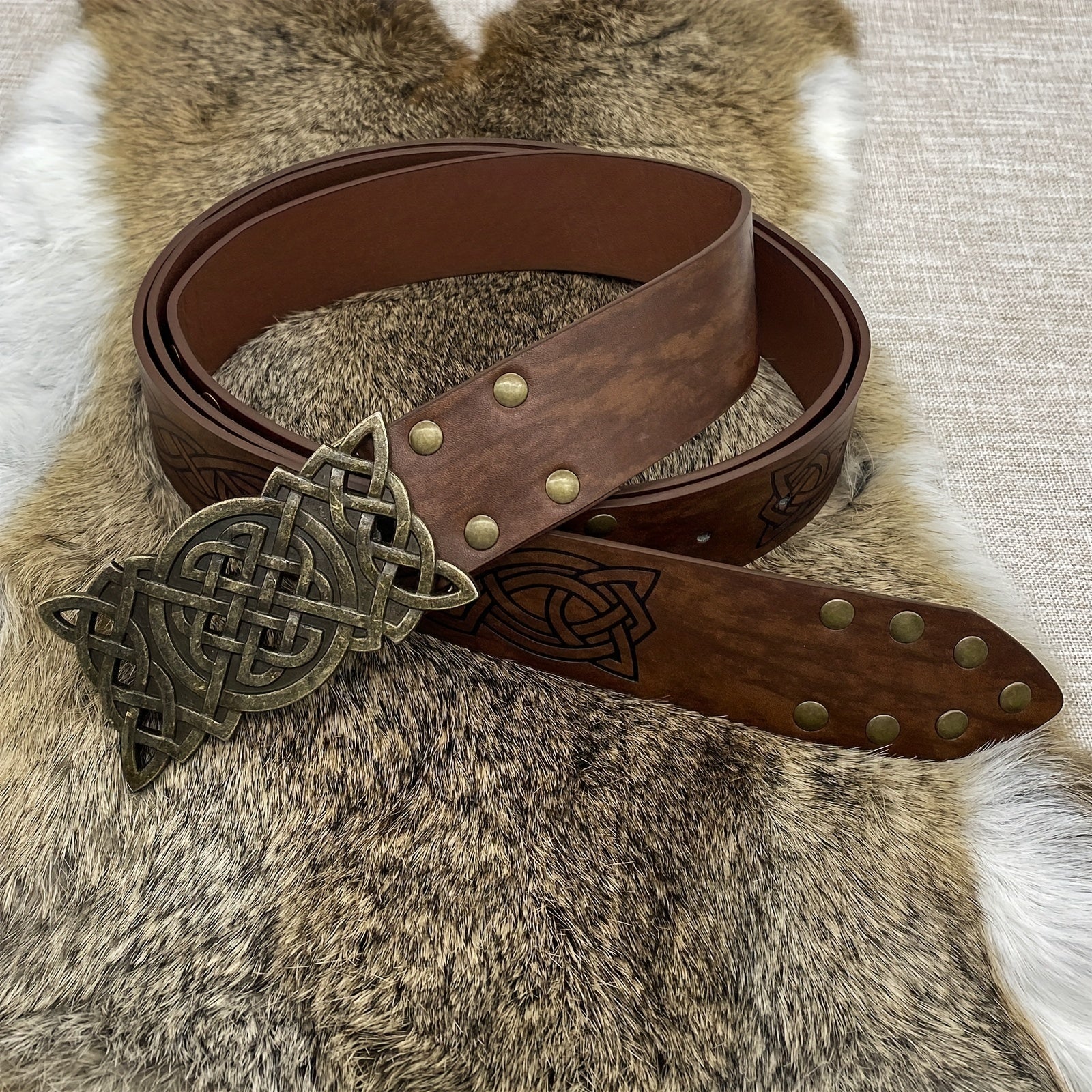 Viking Embossed Plate Buckle Belt Medieval Leather Embossed Belt
