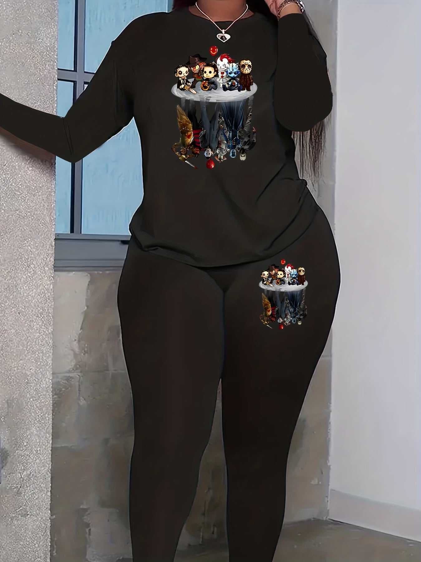  Horror Print Long Sleeve Top & Leggings Set