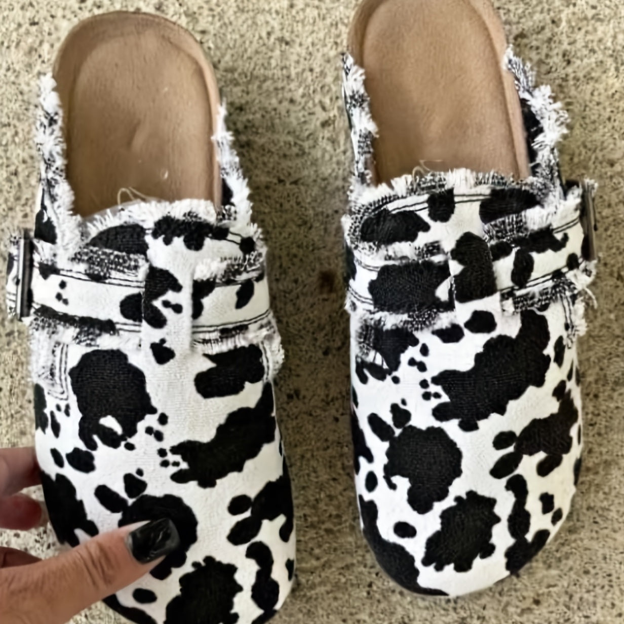 Women's Cow Print Mules Buckle Strap Flat Clogs