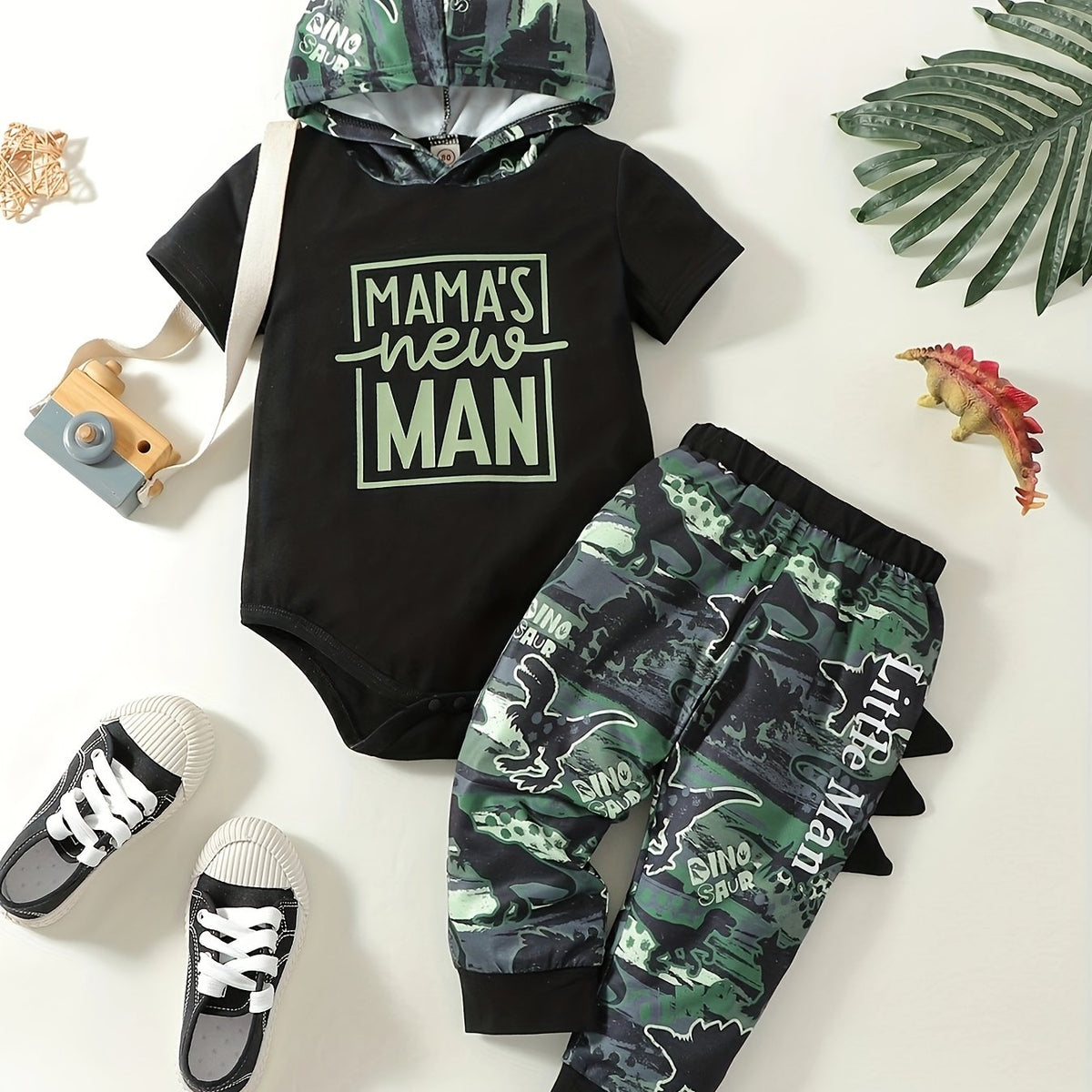 Summer Dino Print Baby Outfit Hooded Romper Top Trousers Set