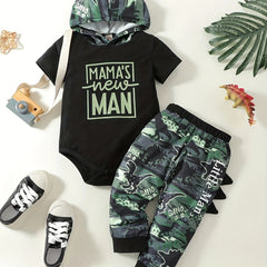 Summer Dino Print Baby Outfit Hooded Romper Top Trousers Set