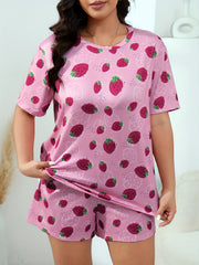  Strawberry Print T shirt & Shorts Pajama Set