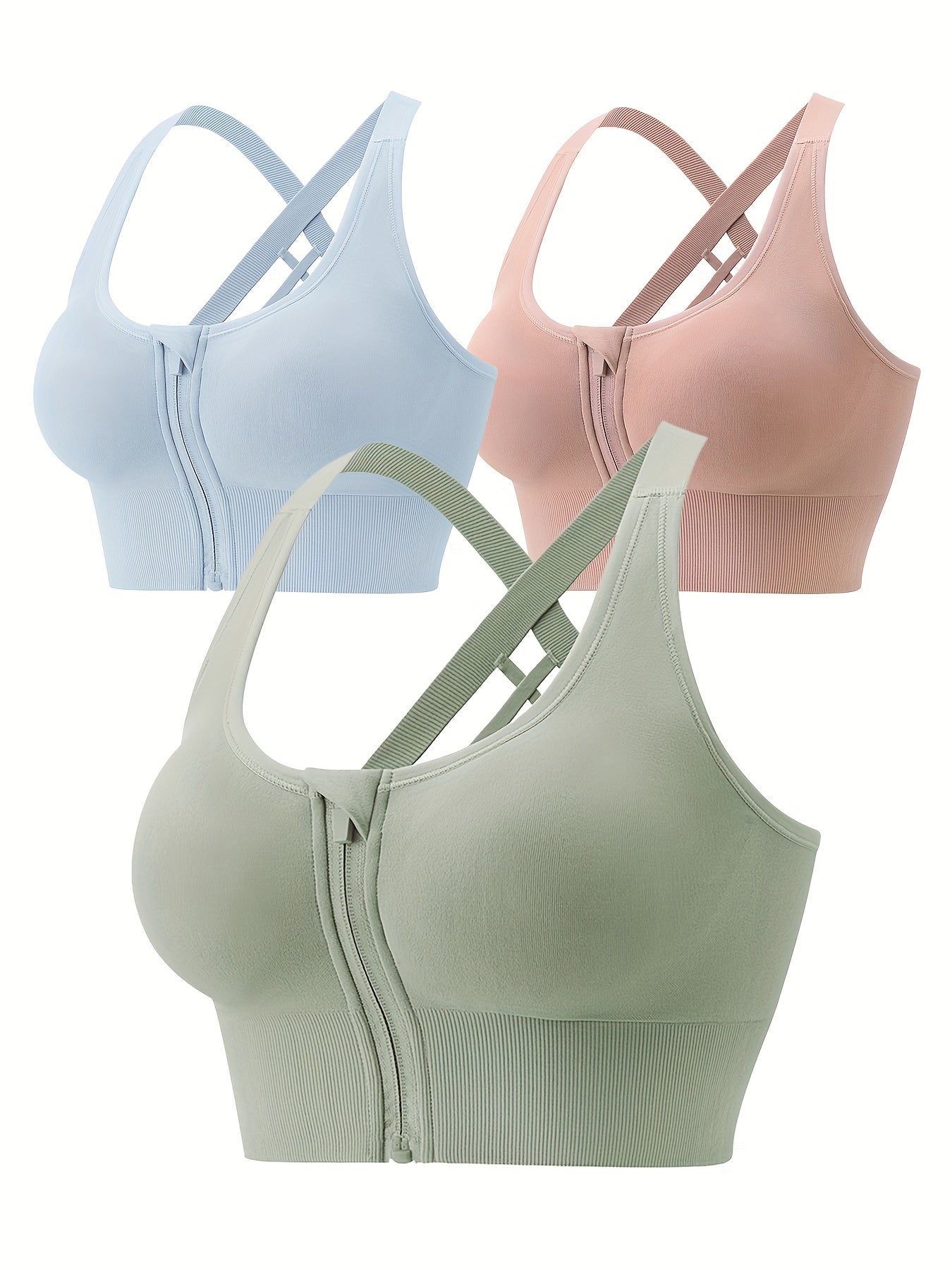 3pcs Zipper Sports Bras High Impact Criss Cross Back Bra Women's Lingerie