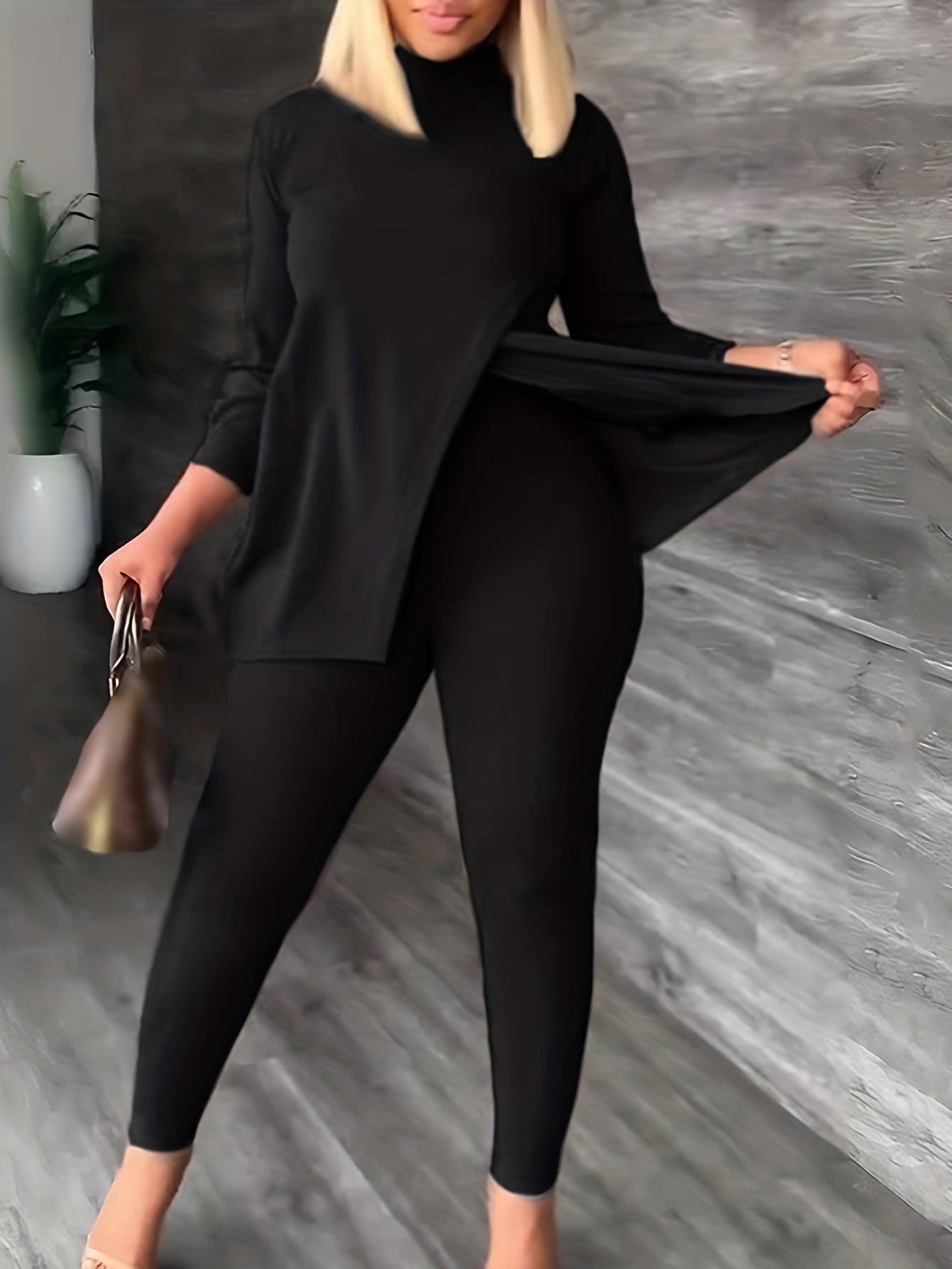  Solid High Neck Split Top & Skinny Pants 2pcs Set