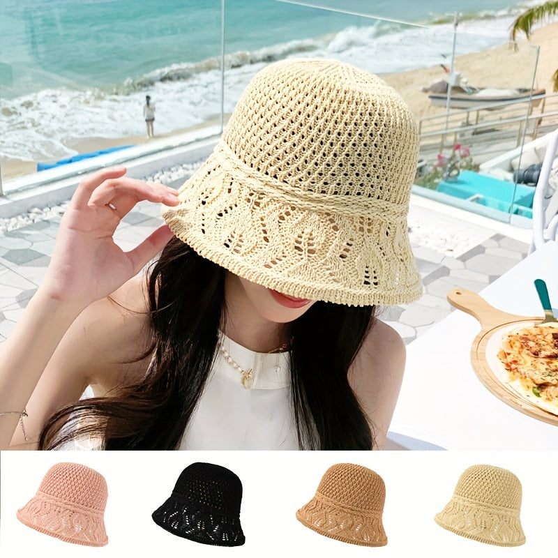 Hollow Knitted Breathable Bucket Hat Solid Sun Hat Women Casual Cloche Hat