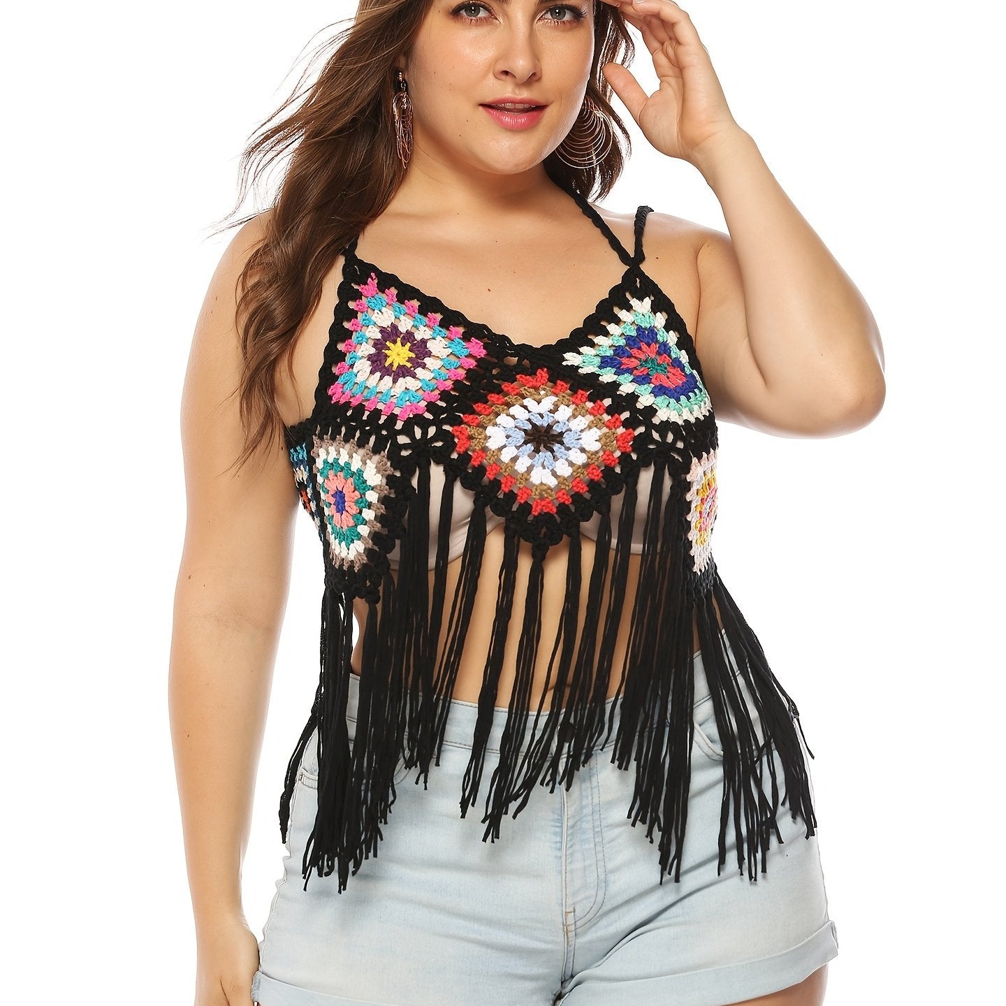  Crochet Bikini Top Fringe Trim Colorblock Swimsuit