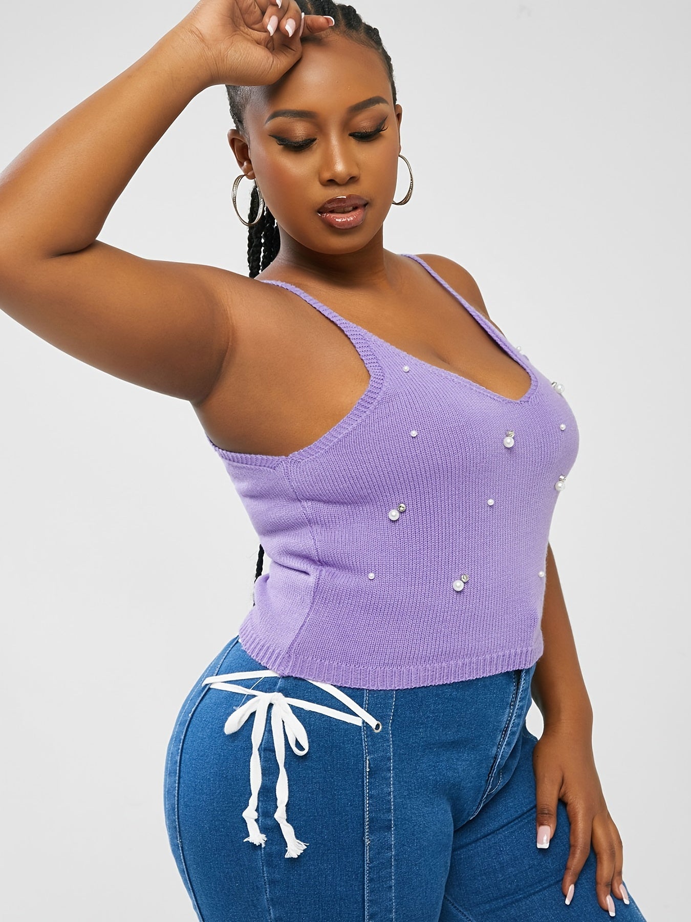  Faux Pearl Knit Cami Top Women's High Stretch V Neck Vest