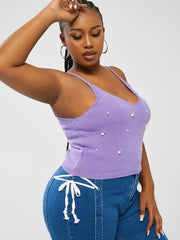  Faux Pearl Knit Cami Top Women's High Stretch V Neck Vest
