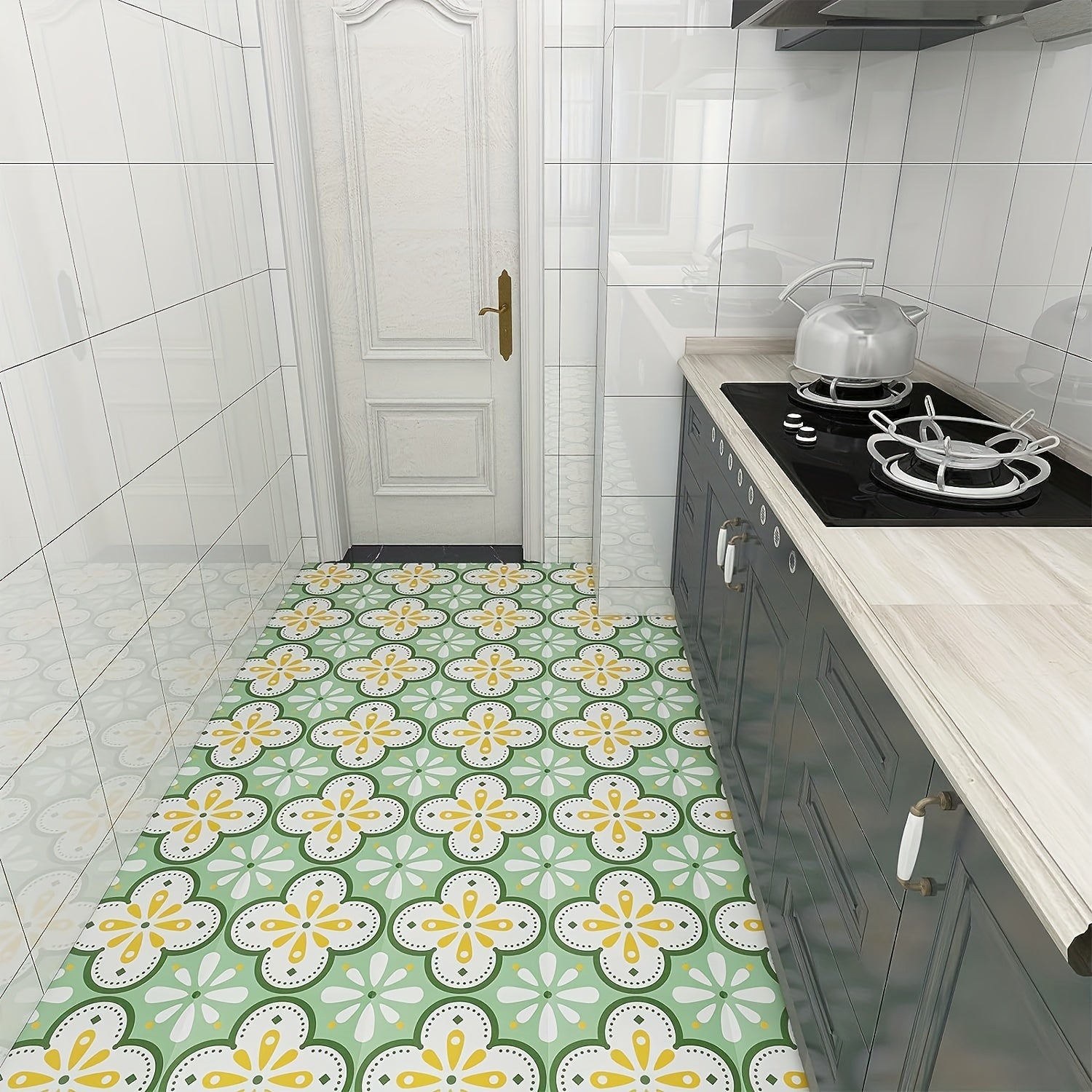 Green Flower Peel and Stick Floor Tile - Set of 15