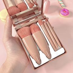 5pc Makeup Brush Set w/ Mirror & Storage Box Portable Soft Fiber Cosmetic Kit
