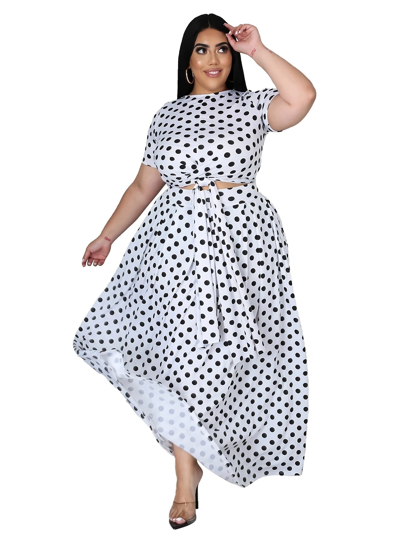  Polka Dot Print Knot Front Crop Top & Maxi Skirt Set
