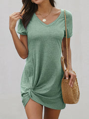 V Neck Short Sleeve Solid Dress Casual Twist Versatile Dress