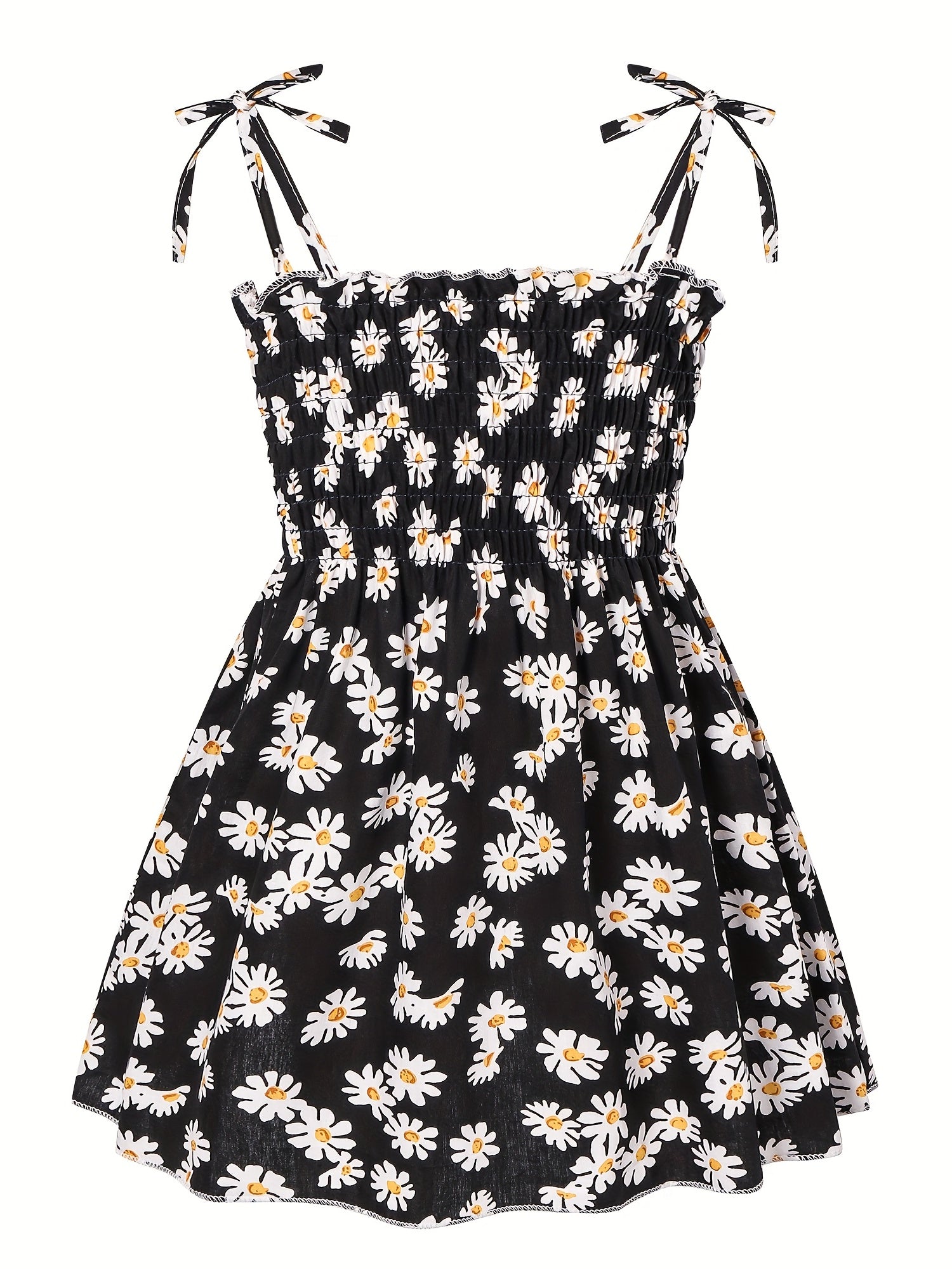 Girls Lace Up Daisy Flowers Print Shirred Cami Dress