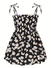 Girls Lace Up Daisy Flowers Print Shirred Cami Dress